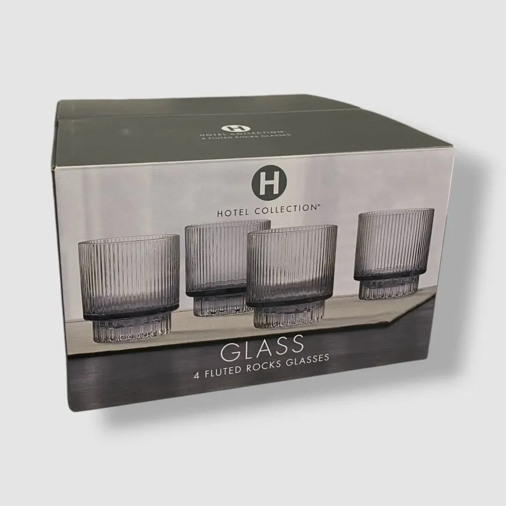 Hotel Collection Clear Set of 4 Smoked Fluted Double Old-Fashioned Glasses